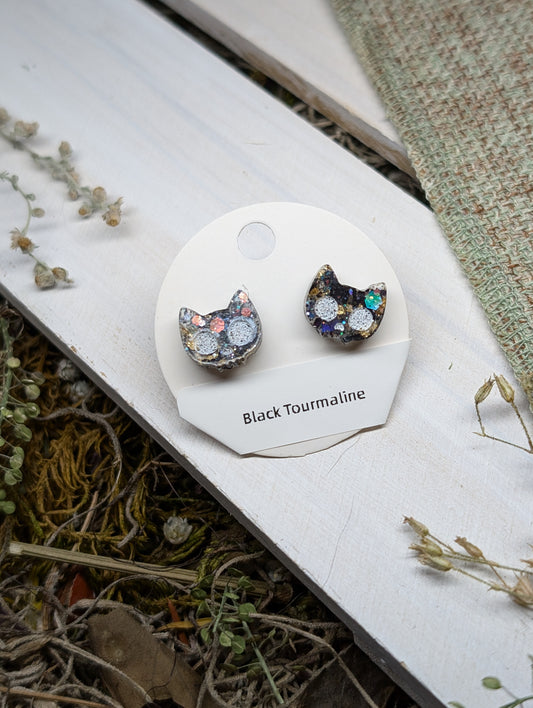 Black Tourmaline Cats Crystal Stud Earrings, Real Crystal Studs