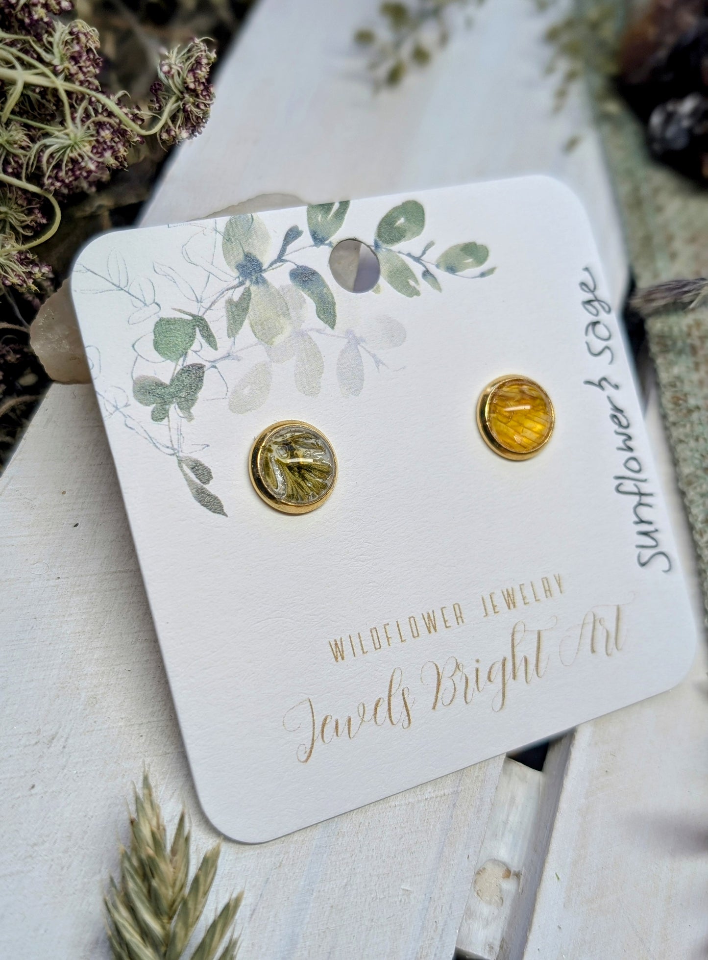 Sunflower and Wild Sage Small Nature-Inspired Whimsical Earrings with Dried Floral Accents