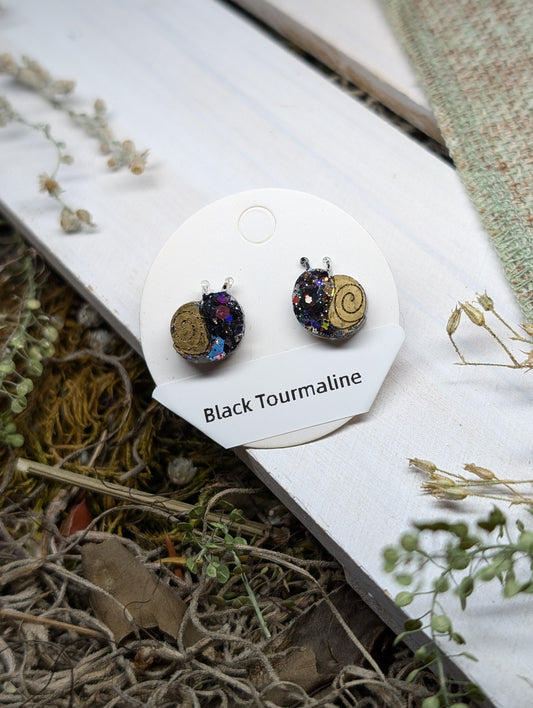 Black Tourmaline Snails Crystal Stud Earrings, Real Crystal Studs