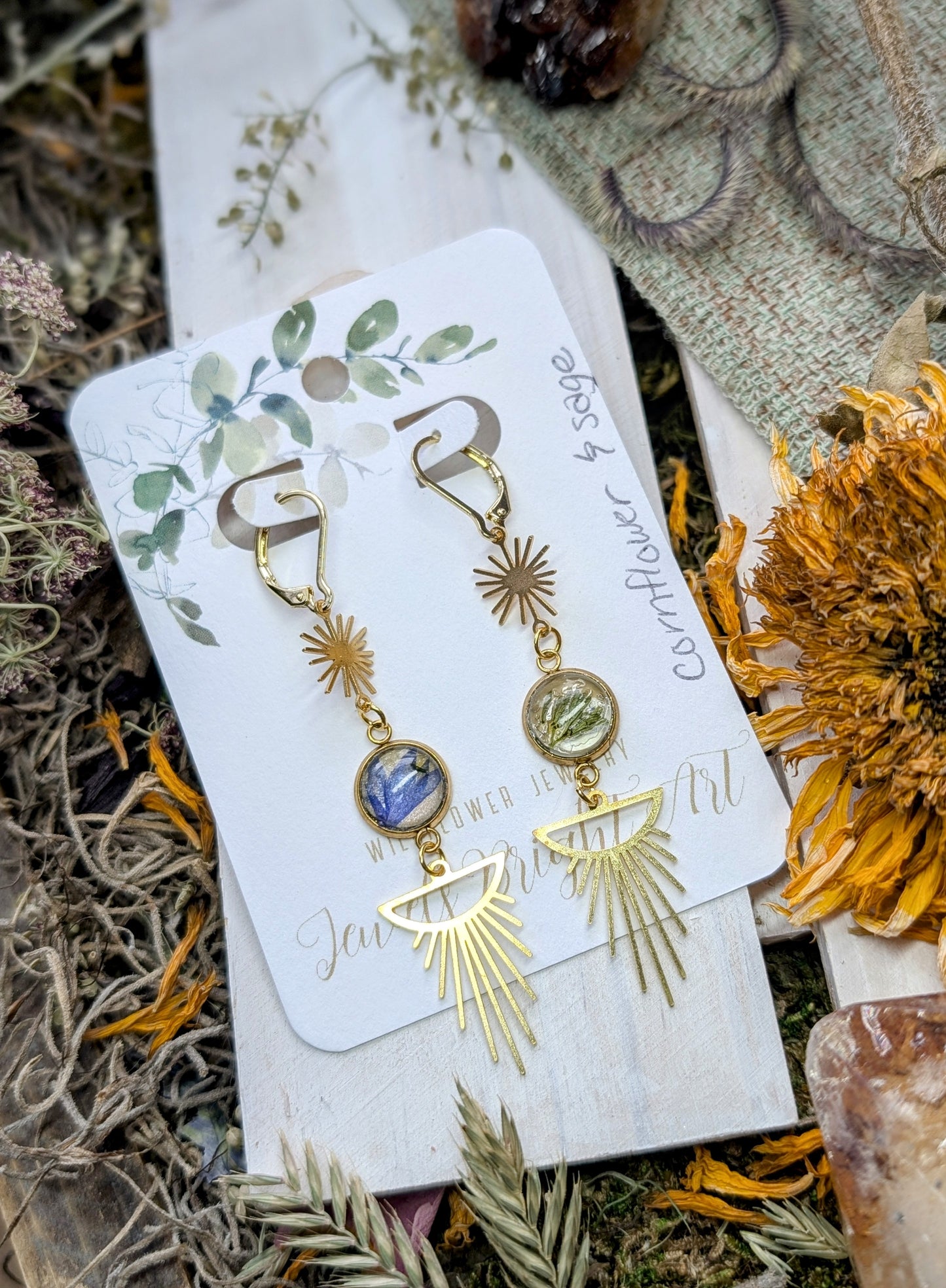 Cornflower and Sage Magical Pressed Flower Wildflower Earrings with 14k Gold