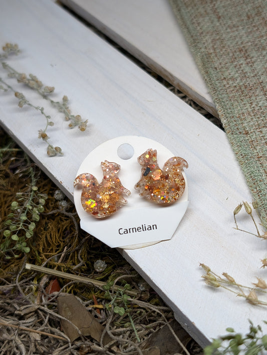 Carnelian Squirrel Crystal Stud Earrings, Real Crystal Studs