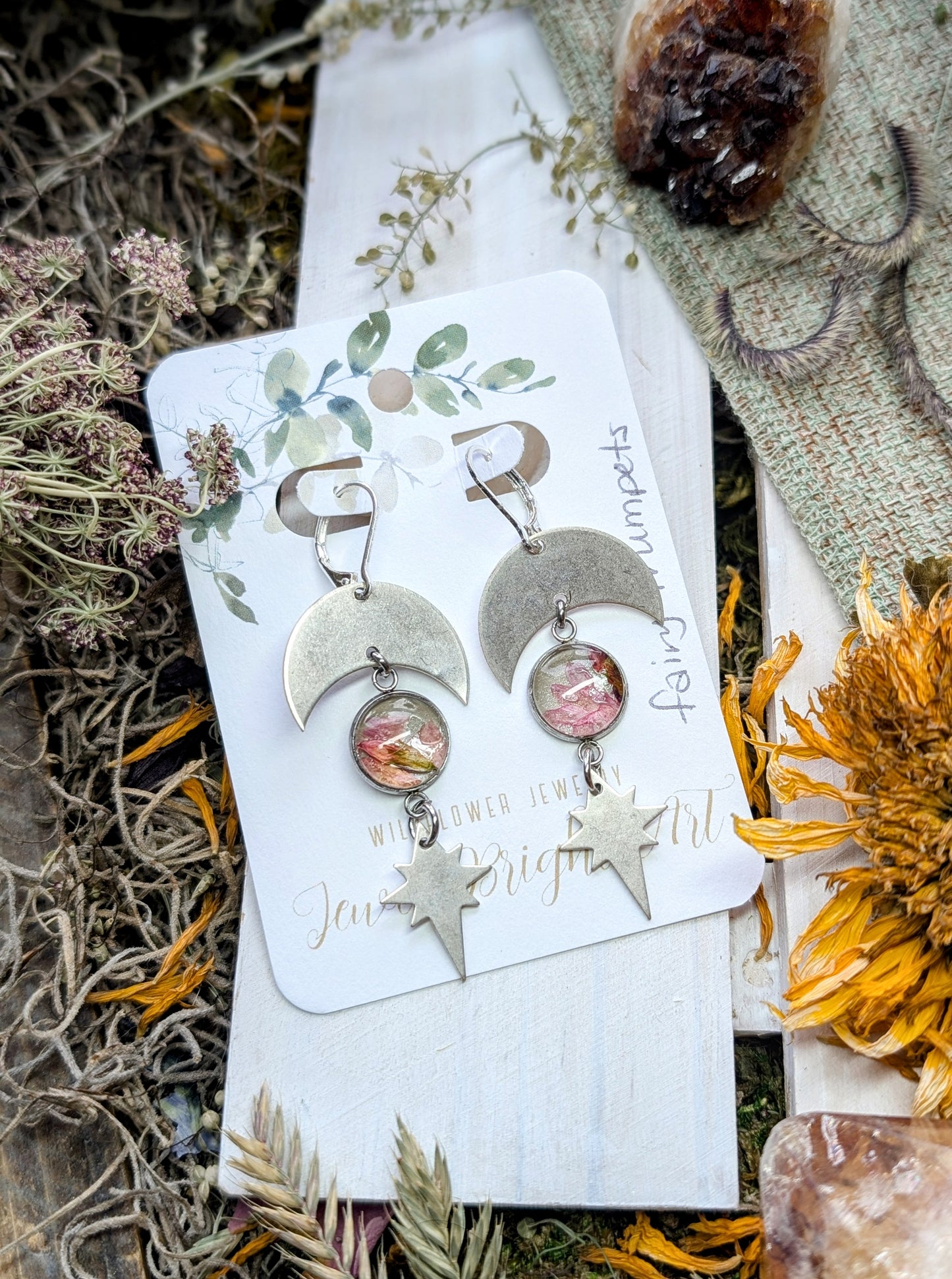 Fairy Trumpet Magical Pressed Flower Wildflower Earrings with Sterling Silver