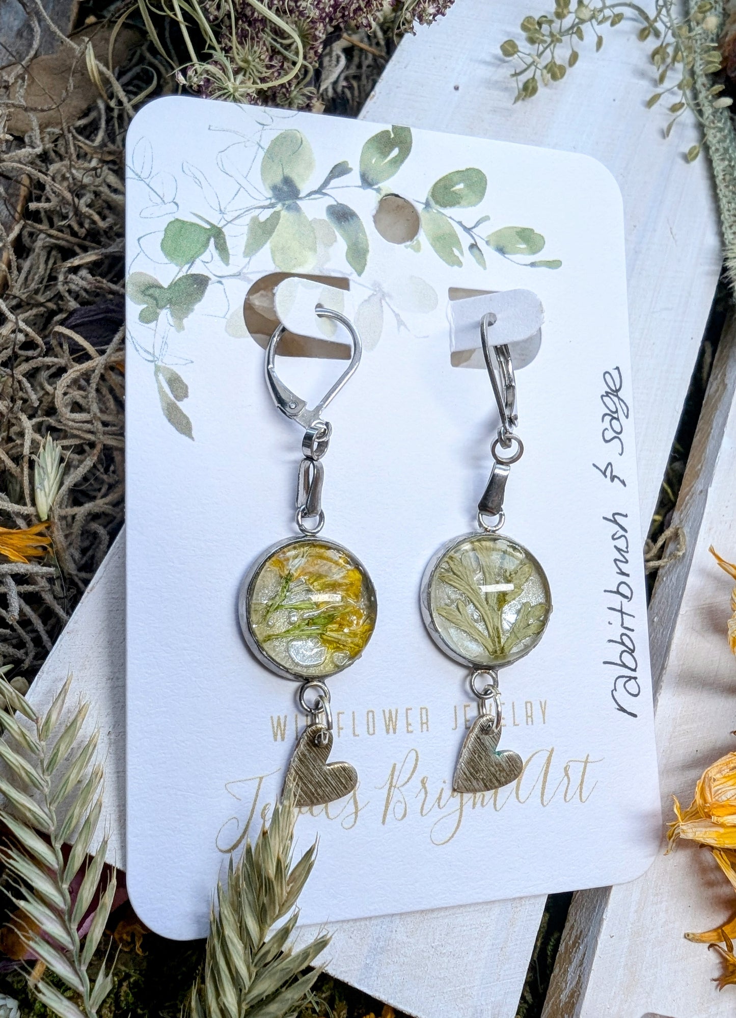 Rabbitbrush and Sage Magical Pressed Flower Wildflower Earrings with Sterling Silver