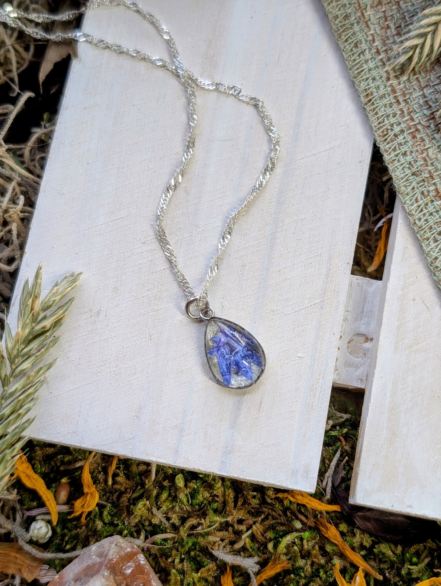 Cornflower Sterling Silver Nature-Inspired Whimsical Necklace with Dried Floral Accents