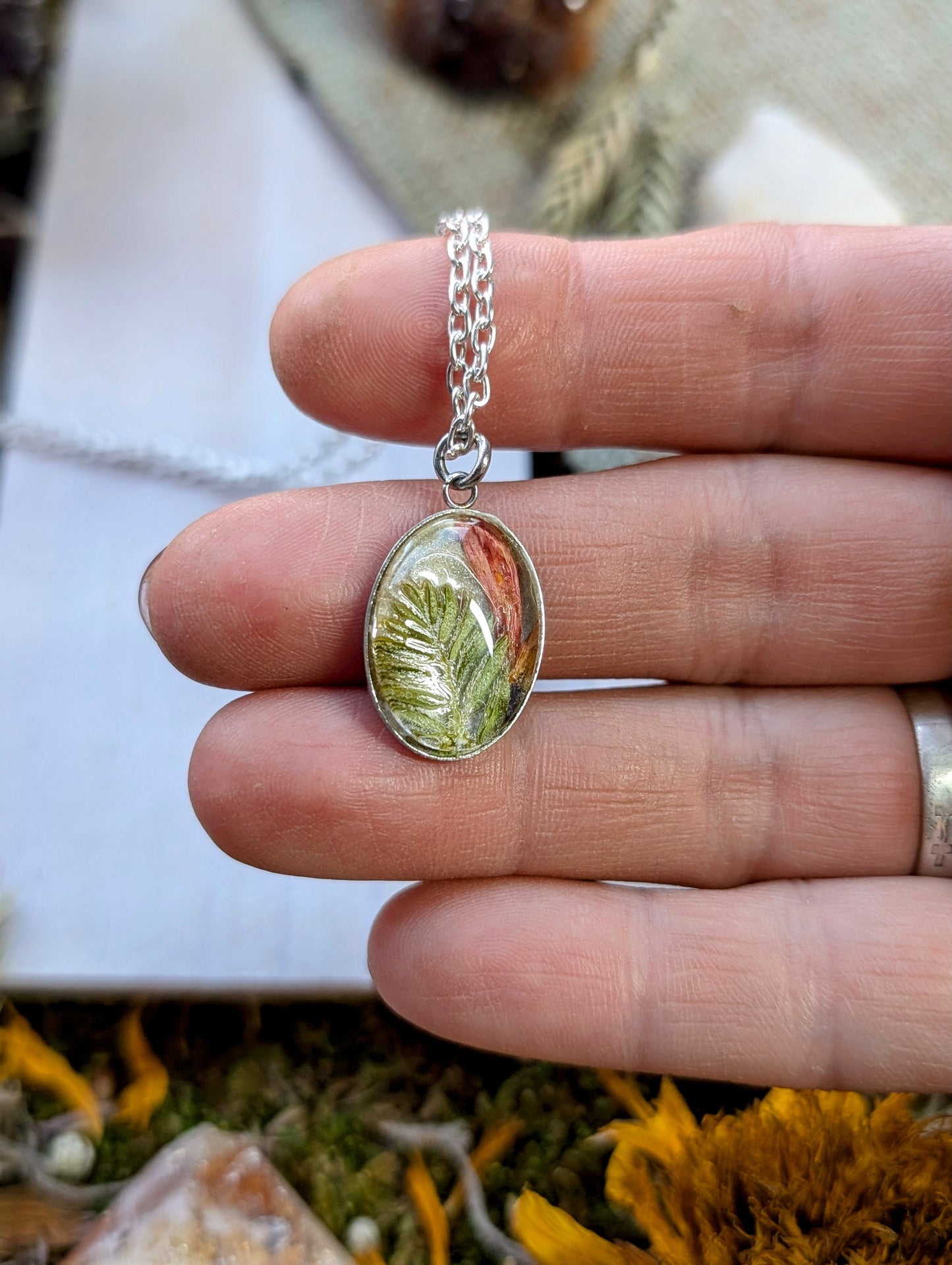 Fairy Trumpet Sterling Silver Nature-Inspired Whimsical Necklace with Dried Floral Accents