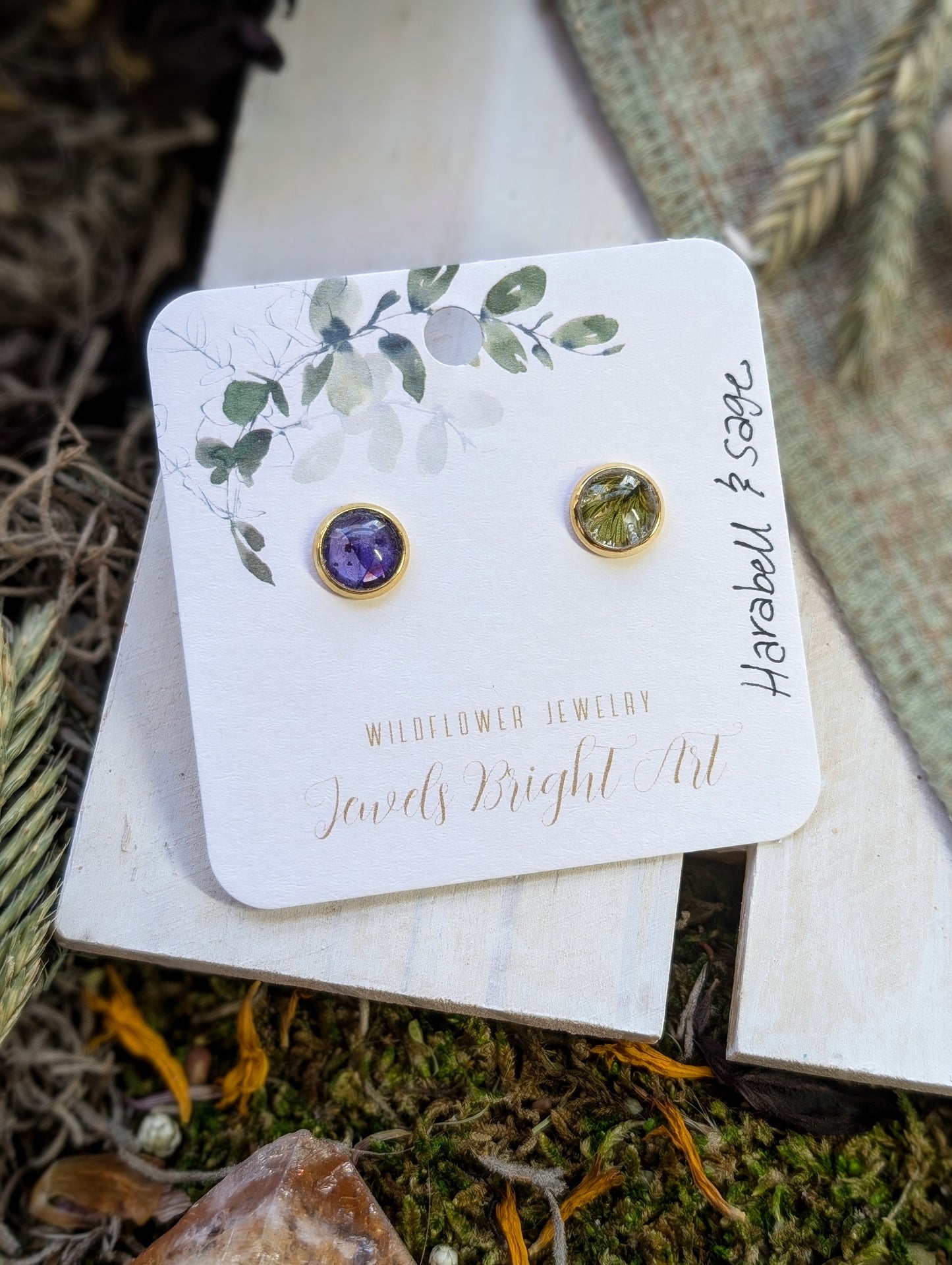 Harabel and Wild Sage Tiny Nature-Inspired Whimsical Earrings with Dried Floral Accents