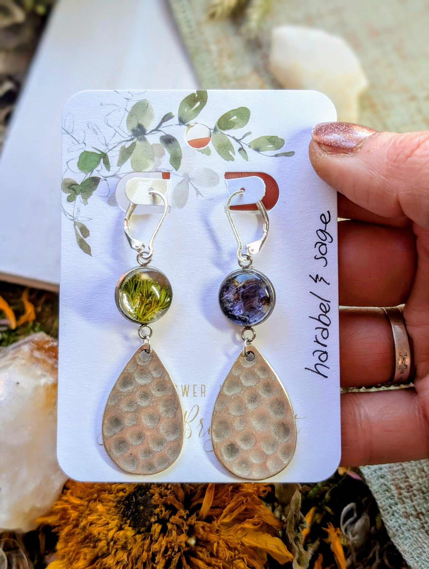 Harabel and Sage Magical Pressed Flower Wildflower Earrings with Sterling Silver