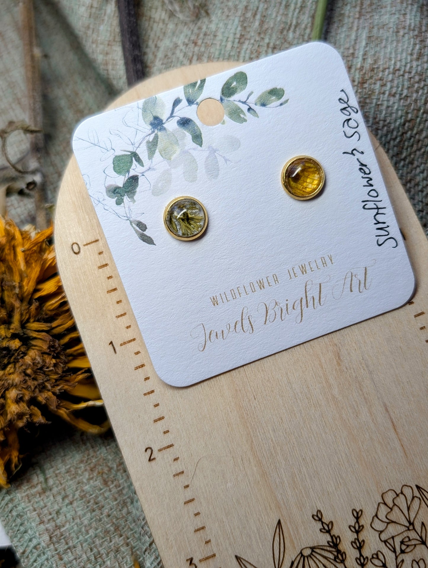 Sunflower and Wild Sage Small Nature-Inspired Whimsical Earrings with Dried Floral Accents