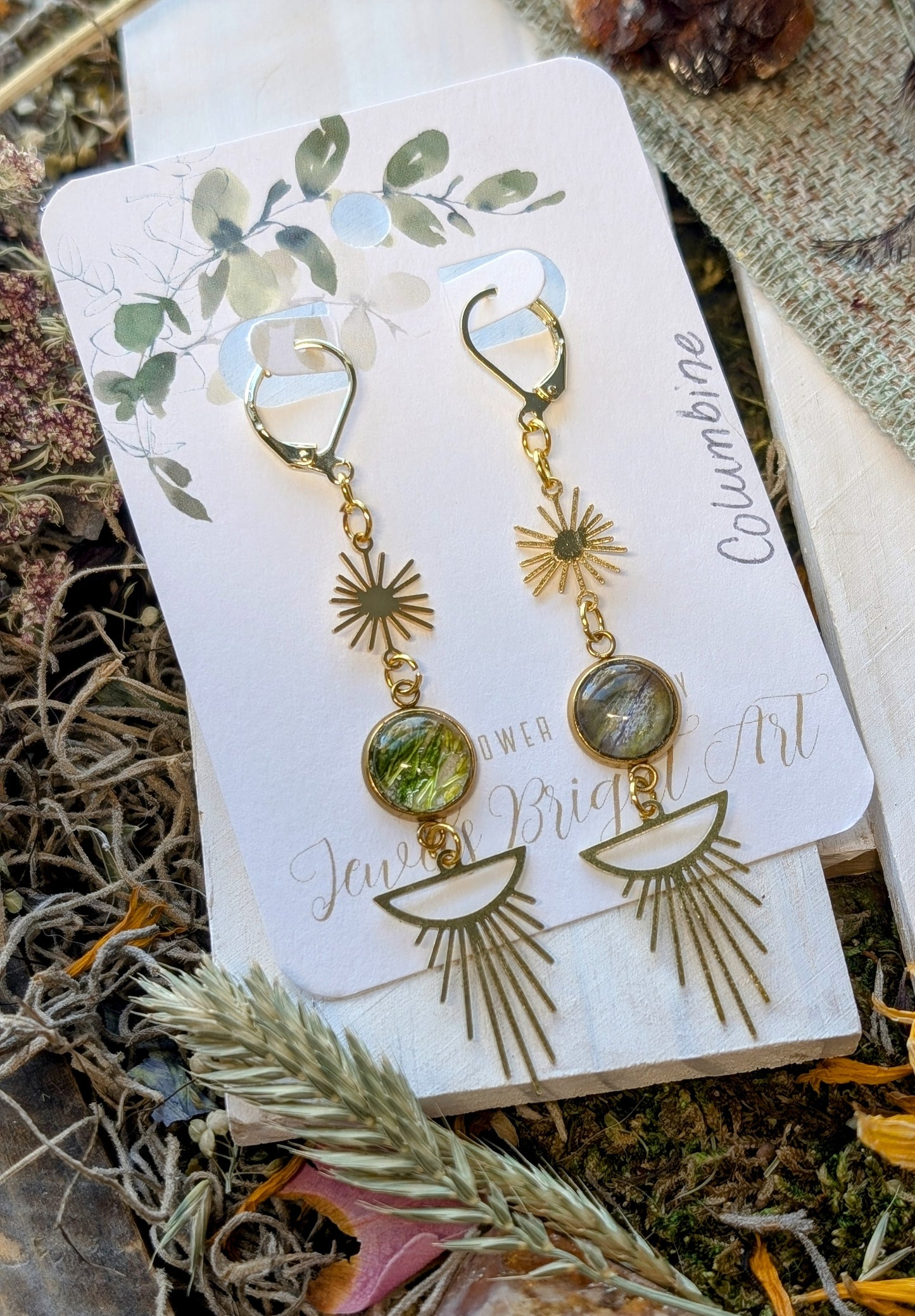 Columbine Magical Pressed Flower Wildflower Earrings with 14k Gold