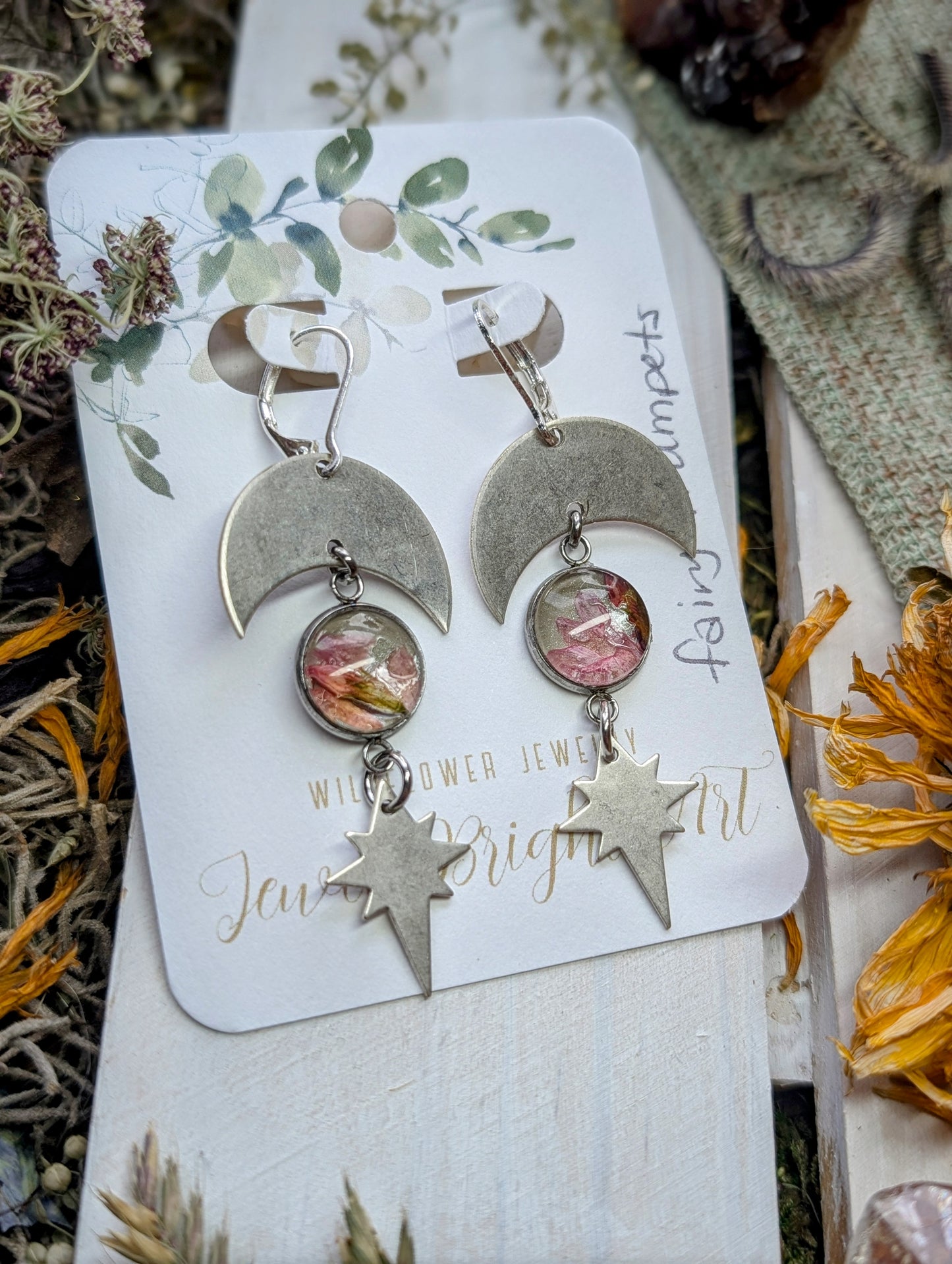 Fairy Trumpet Magical Pressed Flower Wildflower Earrings with Sterling Silver