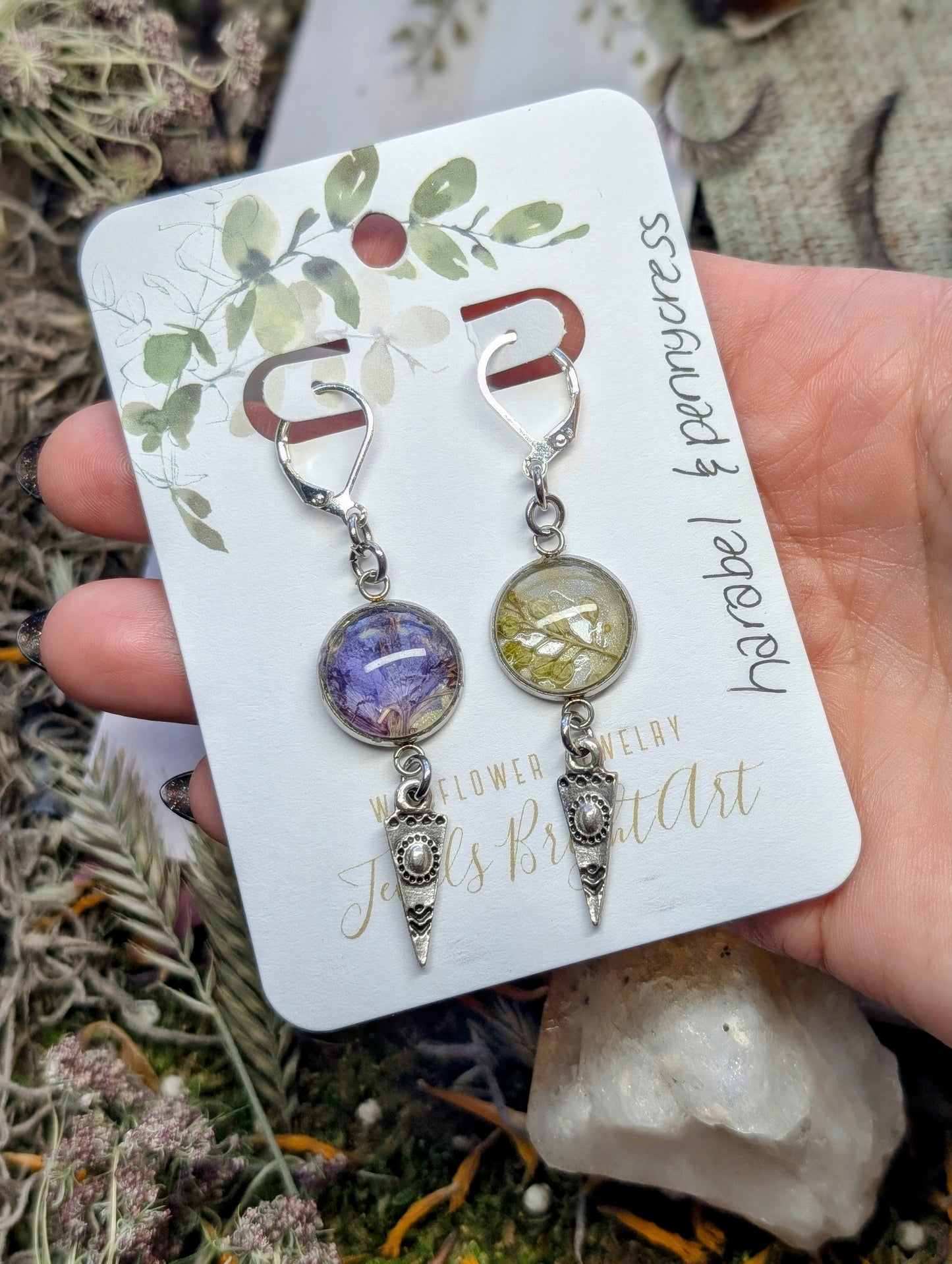 Harabel and Pennycress Magical Pressed Flower Wildflower Earrings with Sterling Silver