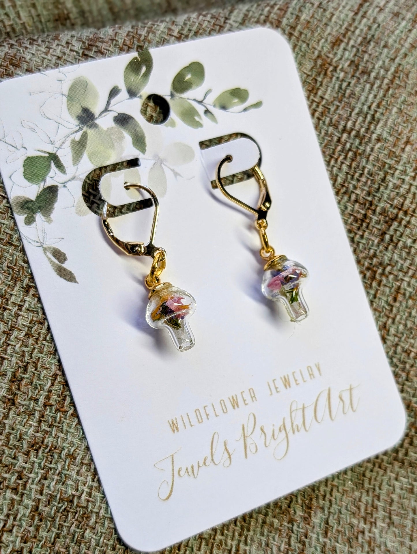 Mushroom Unique Handcrafted Floral Earrings with Wildflowers and Quartz