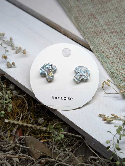 Turquoise Mushrooms Crystal Stud Earrings, Real Crystal Studs