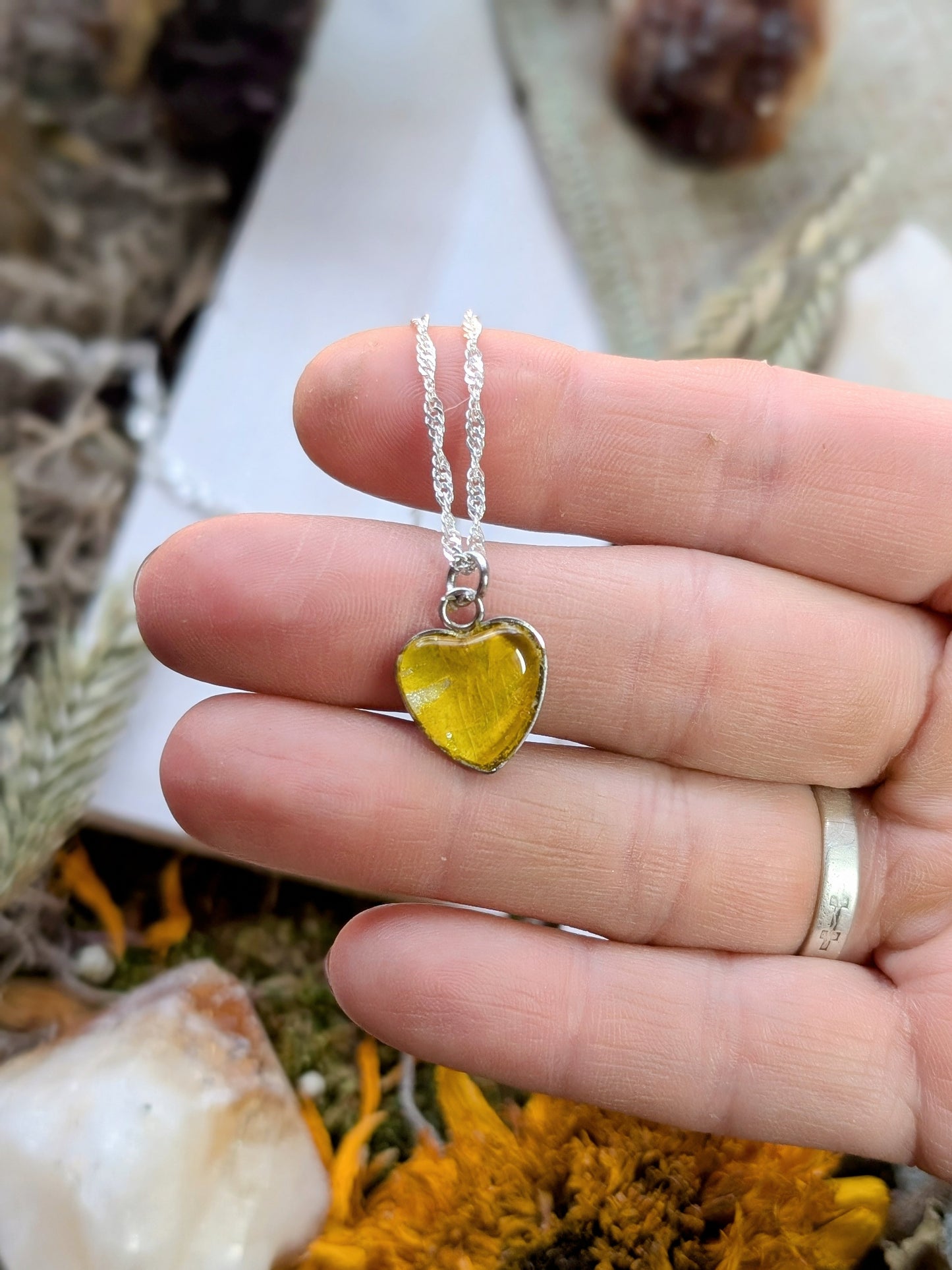 Sunflower Sterling Silver Nature-Inspired Whimsical Necklace with Dried Floral Accents