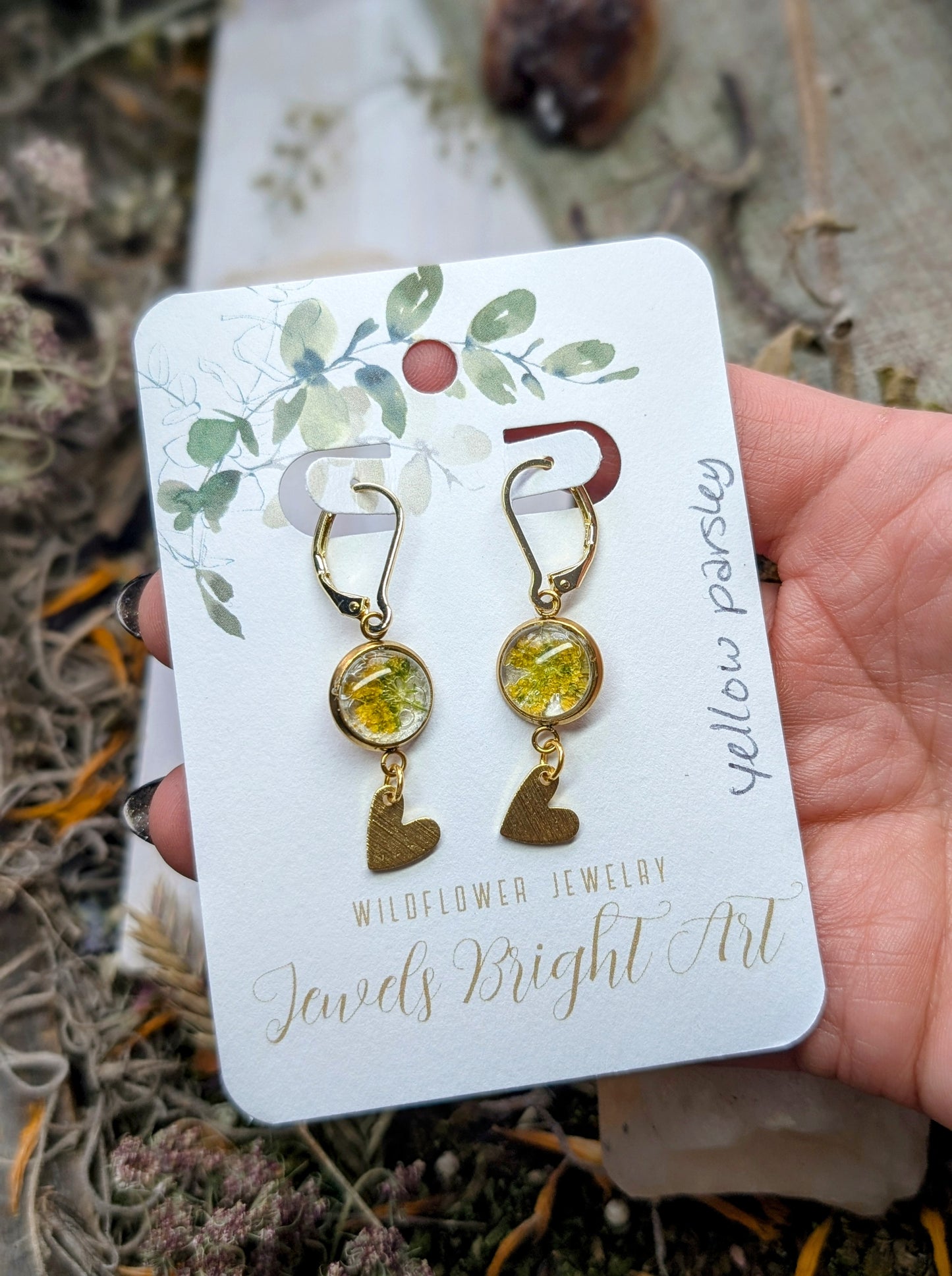 Yellow Parsley Magical Pressed Flower Wildflower Earrings with 14k Gold