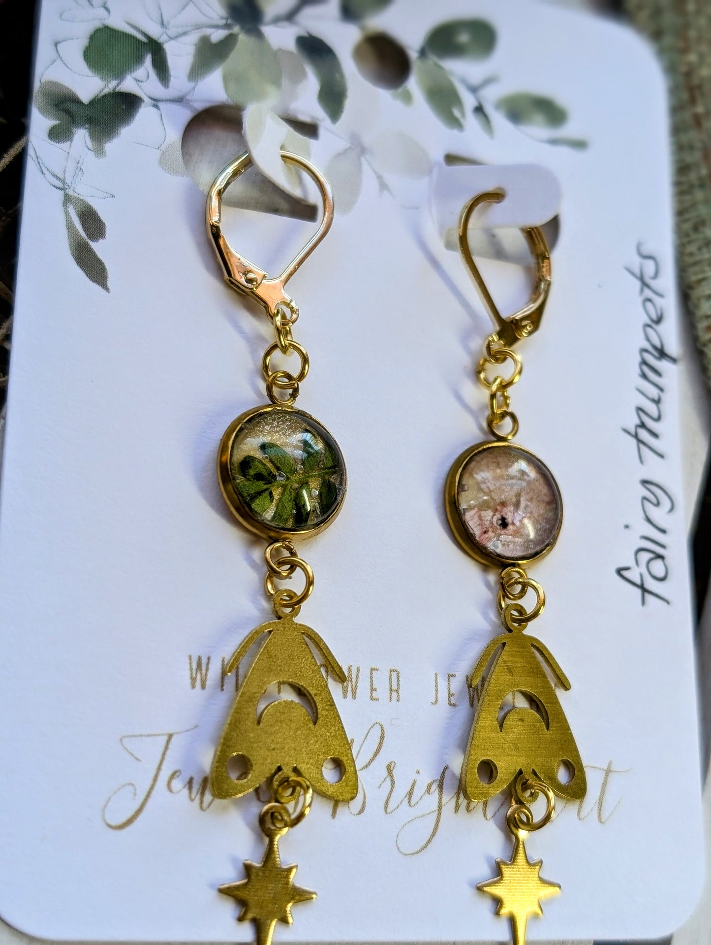 Fairy Trumpets Magical Pressed Flower Wildflower Earrings with 14k Gold