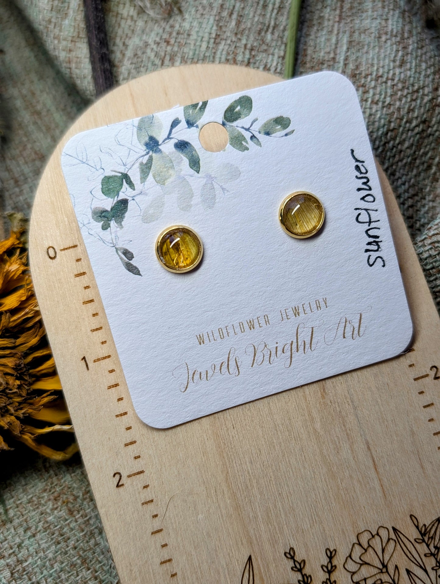 Sunflower Tiny Nature-Inspired Whimsical Earrings with Dried Floral Accents