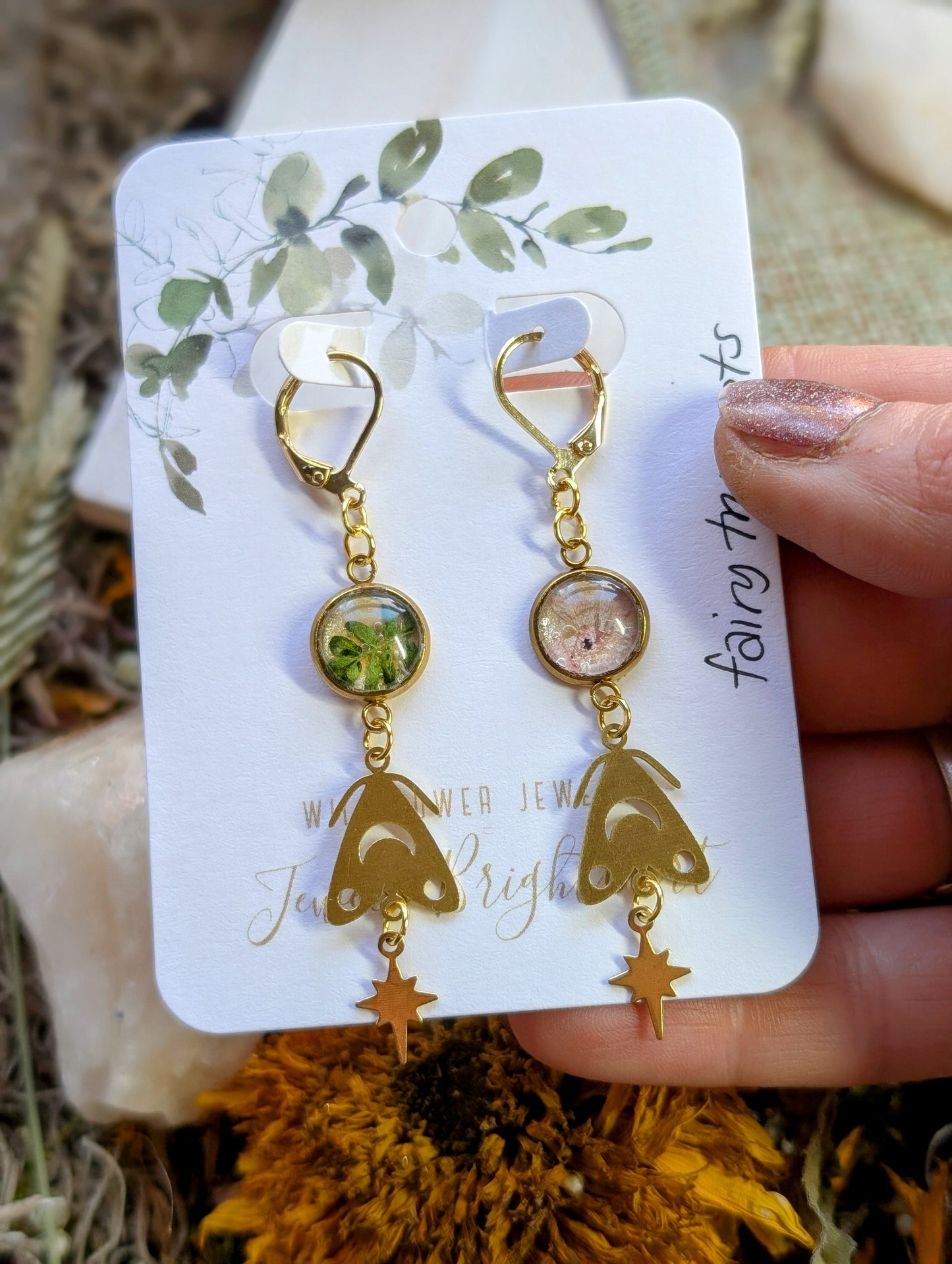 Fairy Trumpets Magical Pressed Flower Wildflower Earrings with 14k Gold