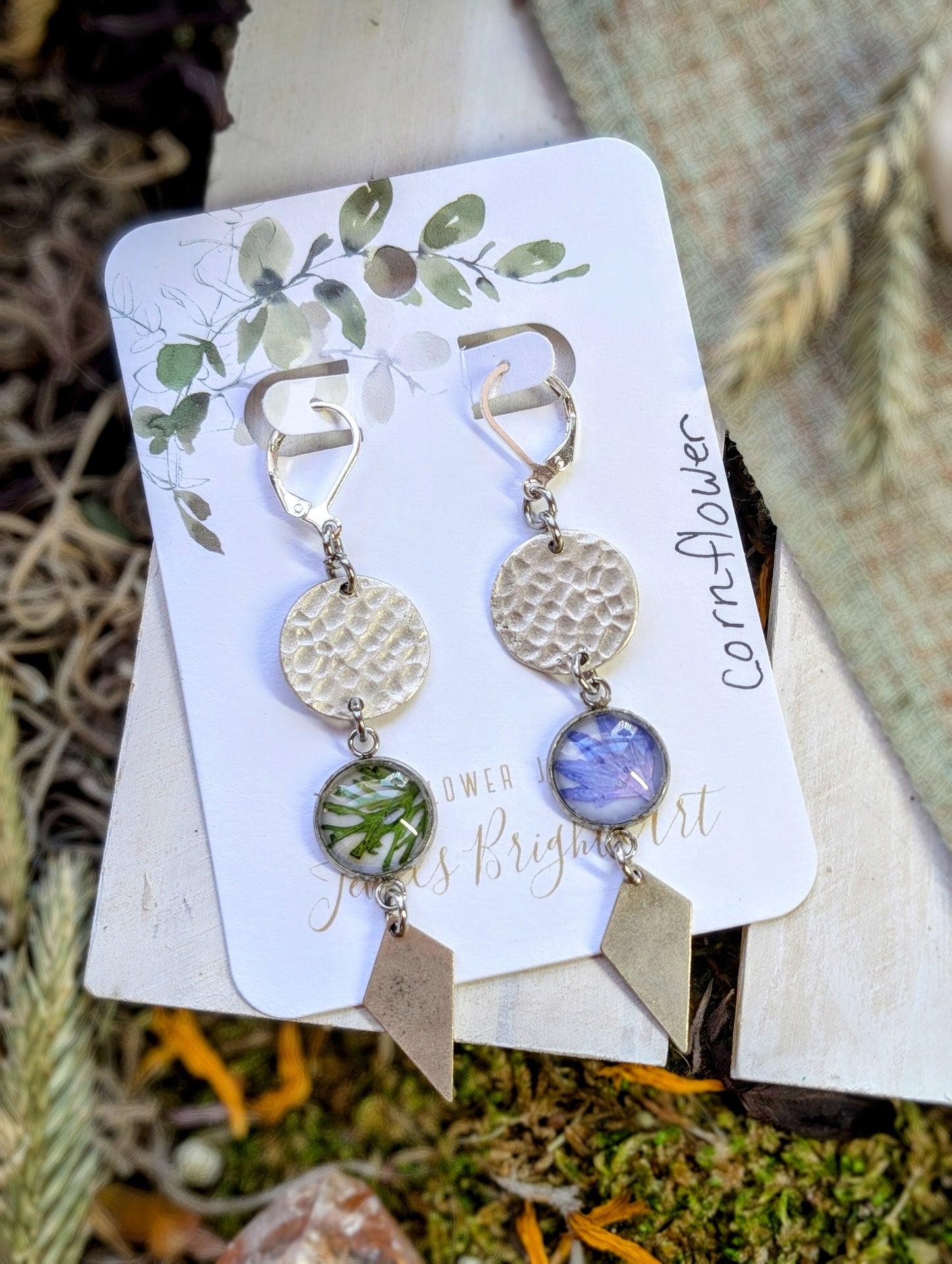 Cornflower Magical Pressed Flower Wildflower Earrings with Sterling Silver