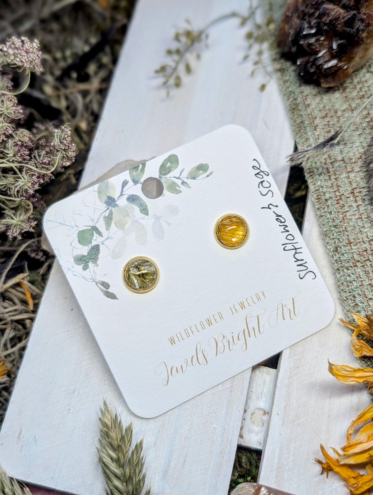 Sunflower and Wild Sage Small Nature-Inspired Whimsical Earrings with Dried Floral Accents