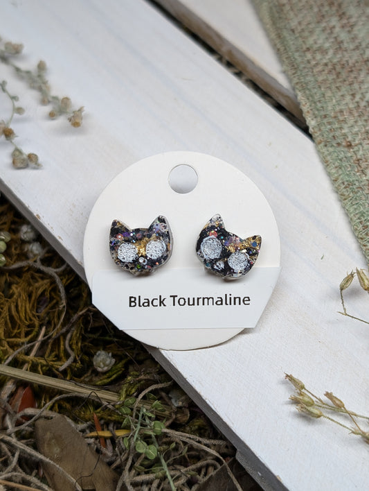 Black Tourmaline Cats Crystal Stud Earrings, Real Crystal Studs