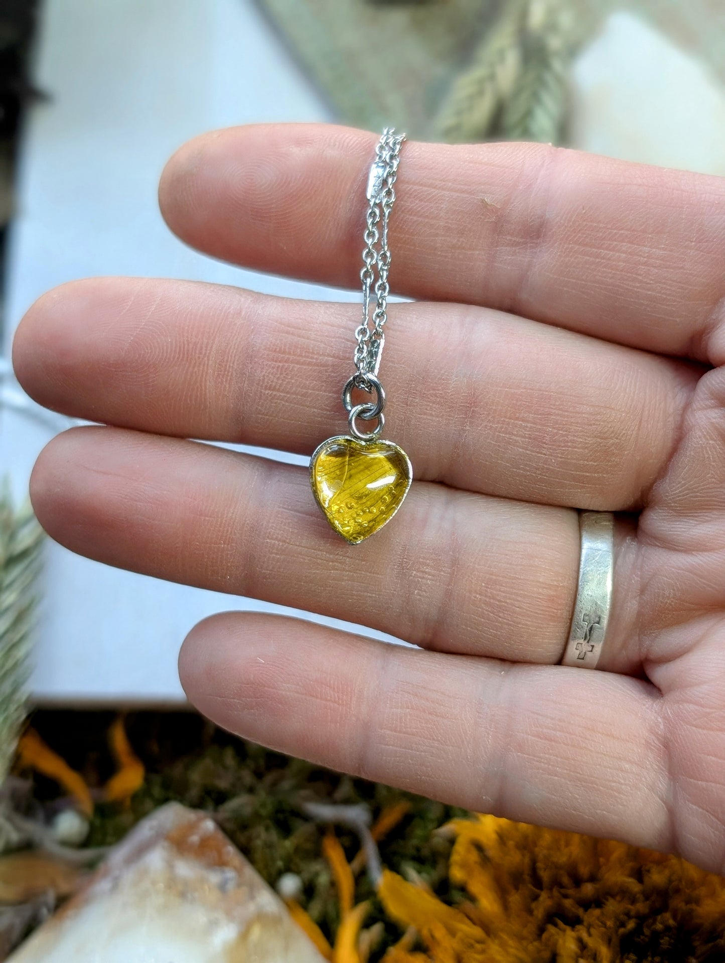 Tiny Sunflower Sterling Silver Nature-Inspired Whimsical Necklace with Dried Floral Accents