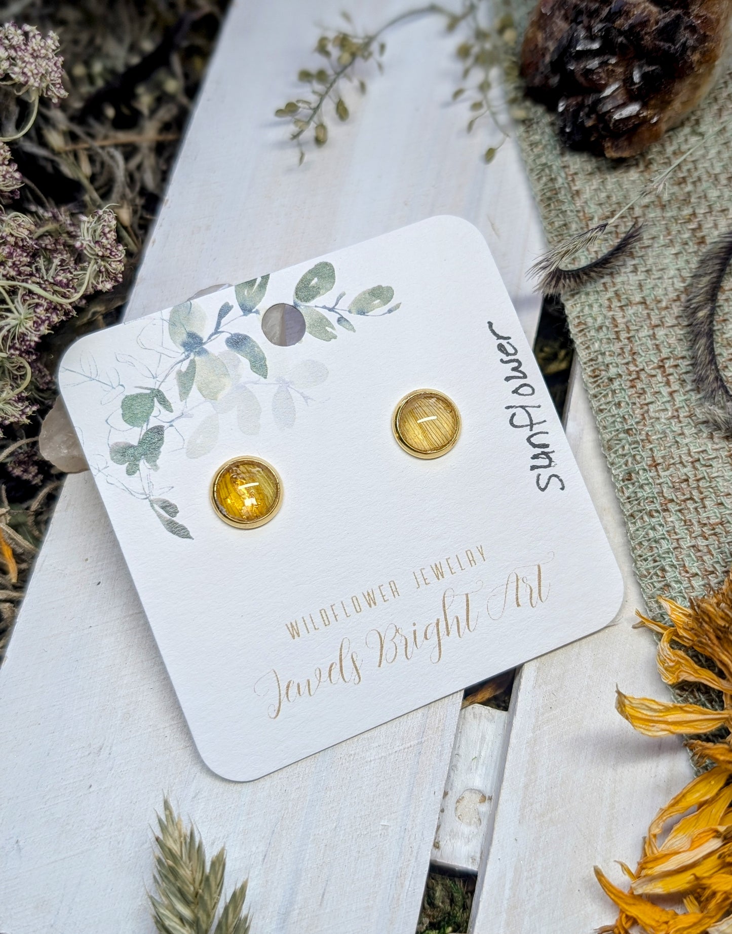 Sunflower Tiny Nature-Inspired Whimsical Earrings with Dried Floral Accents