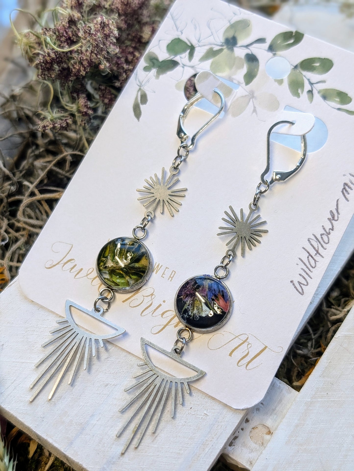 Wildflower Mix Magical Pressed Flower Wildflower Earrings with Sterling Silver