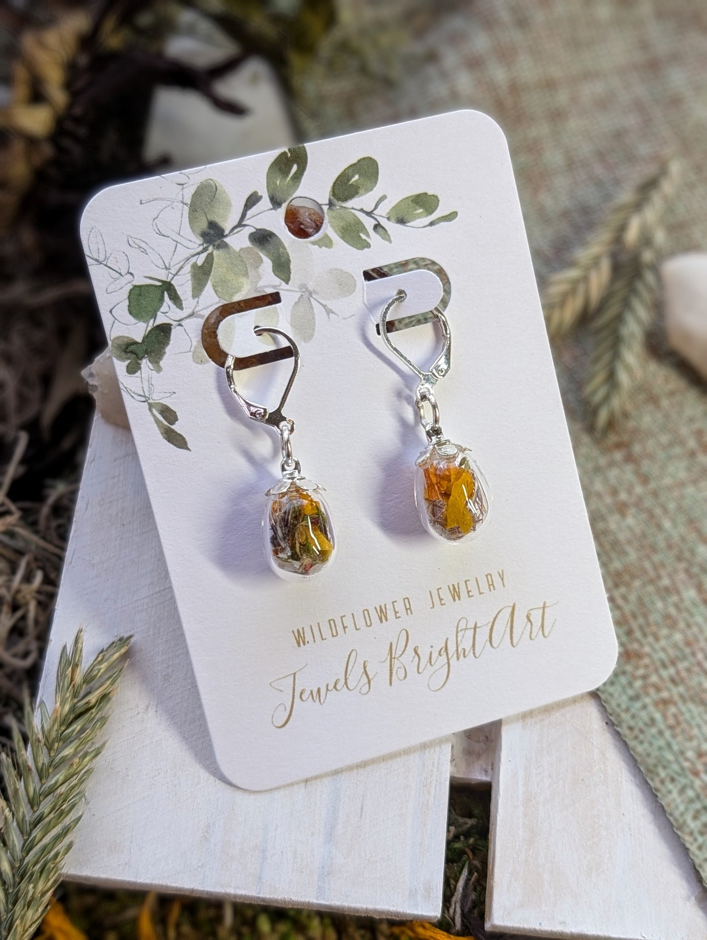 Unique Handcrafted Floral Earrings with Wildflowers and Quartz