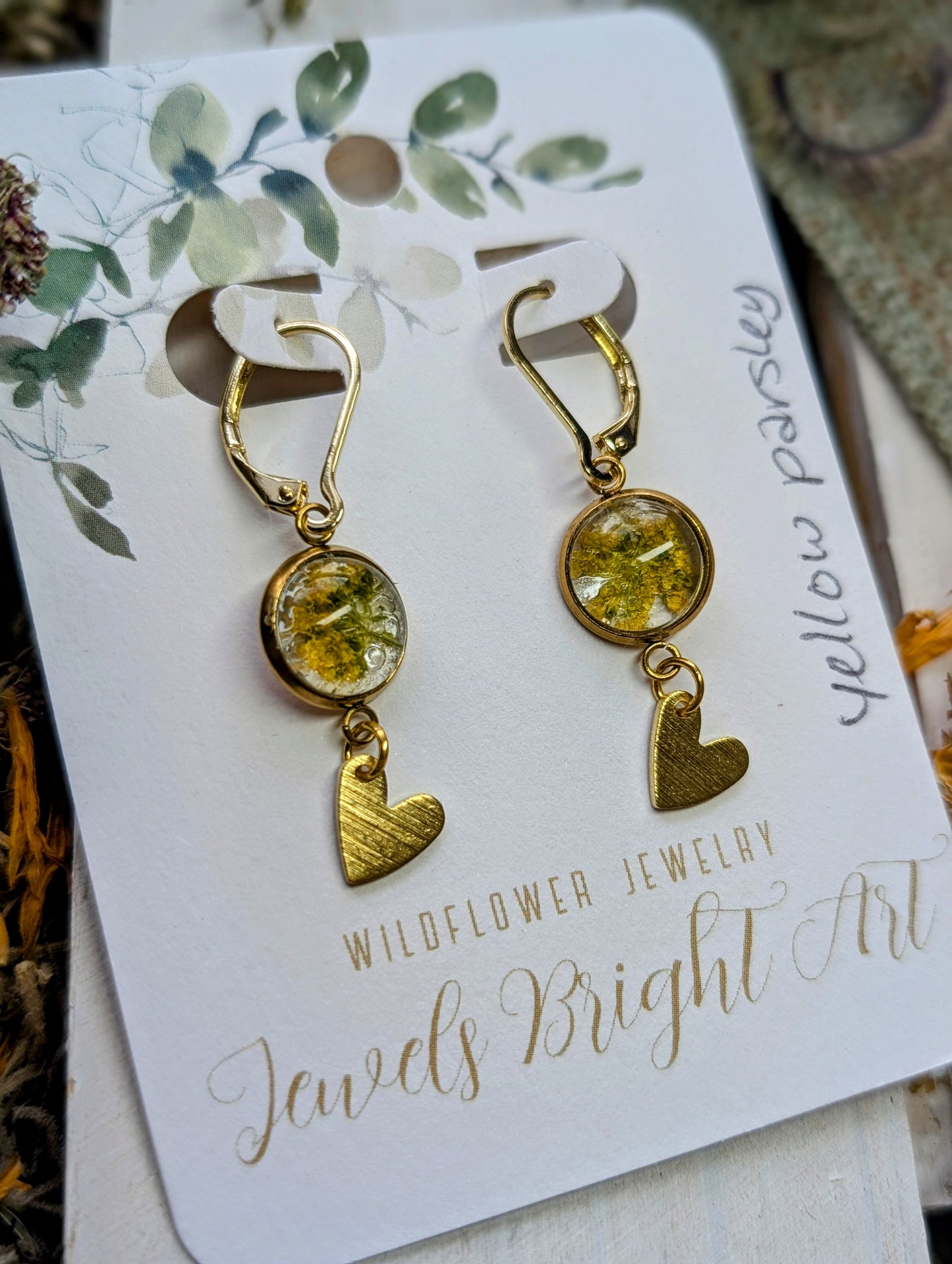 Yellow Parsley Magical Pressed Flower Wildflower Earrings with 14k Gold