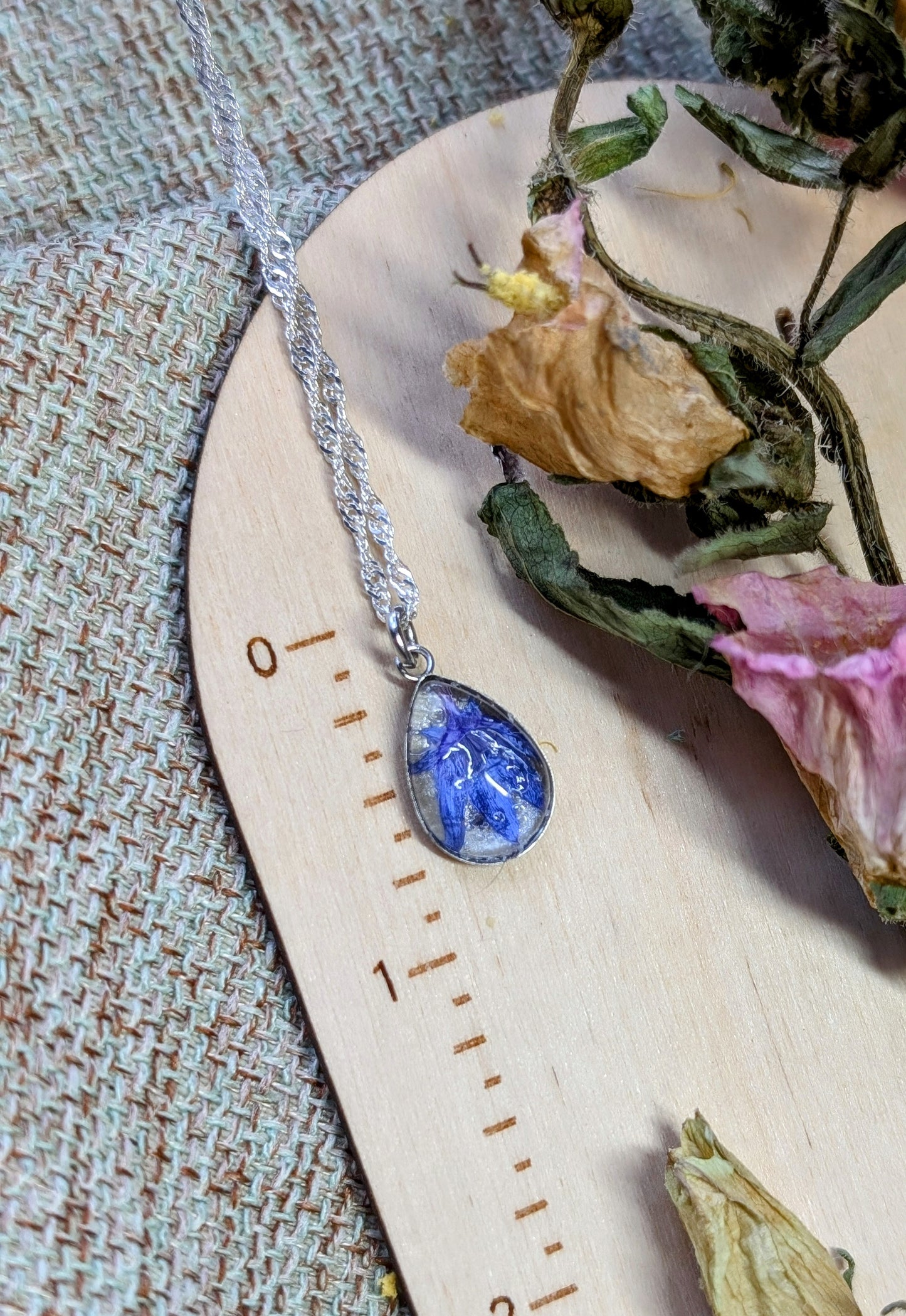 Cornflower Sterling Silver Nature-Inspired Whimsical Necklace with Dried Floral Accents