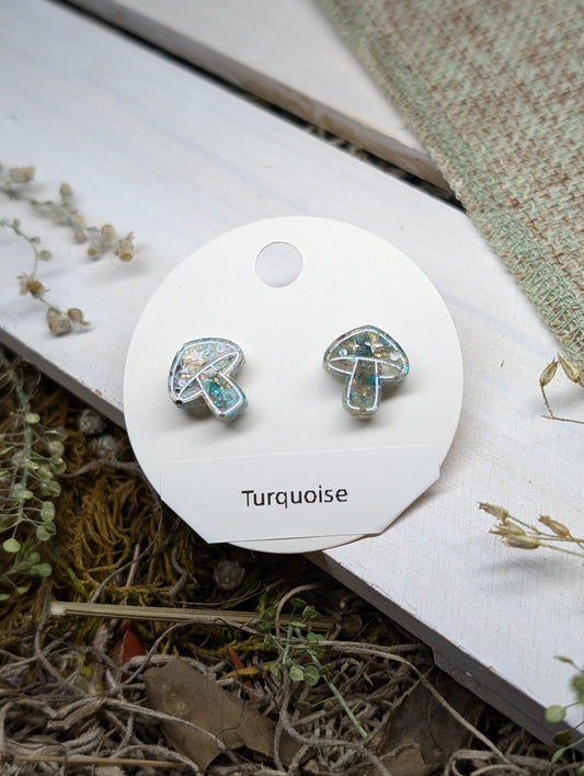 Turquoise Mushrooms Crystal Stud Earrings, Real Crystal Studs