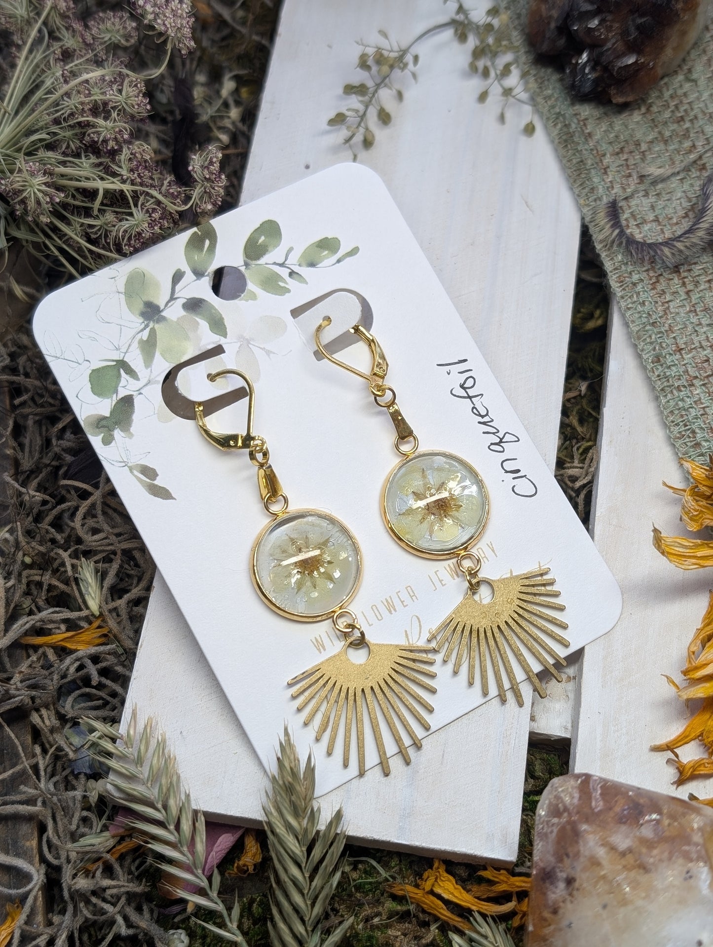 Cinquefoil Magical Pressed Flower Wildflower Earrings with 14k Gold