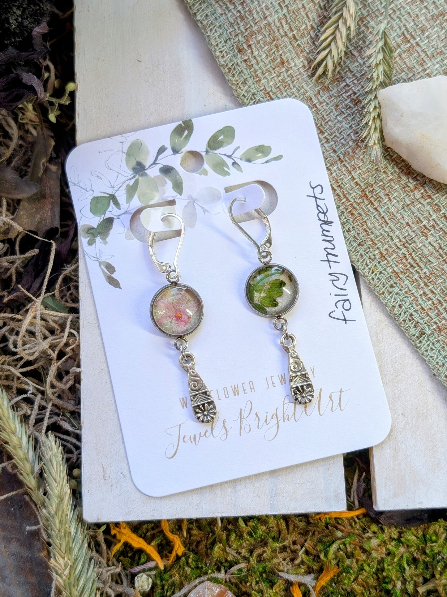 Fairy Trumpets Magical Pressed Flower Wildflower Earrings with Sterling Silver