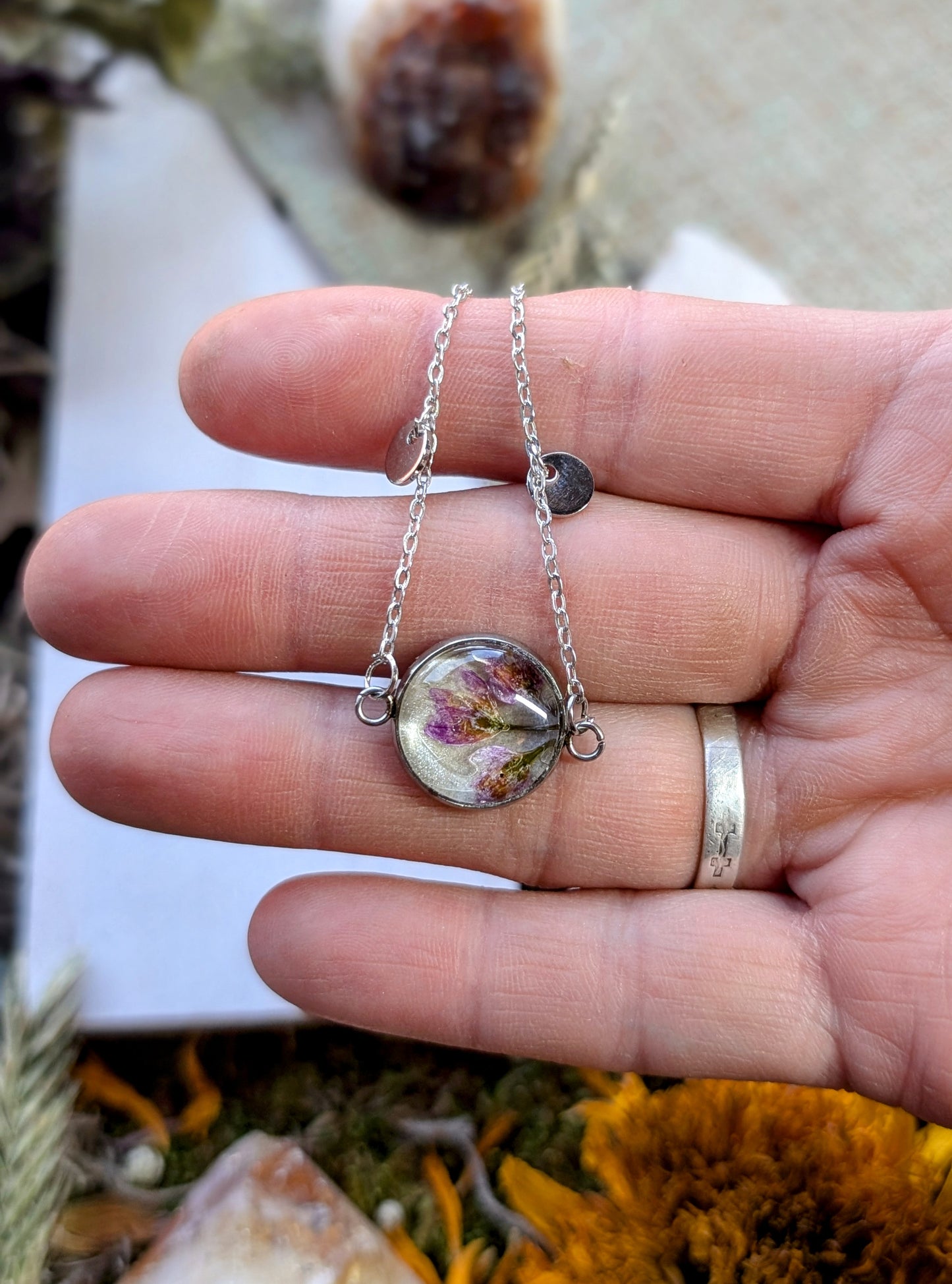 Nodding Onion Sterling Silver Nature-Inspired Whimsical Necklace with Dried Floral Accents