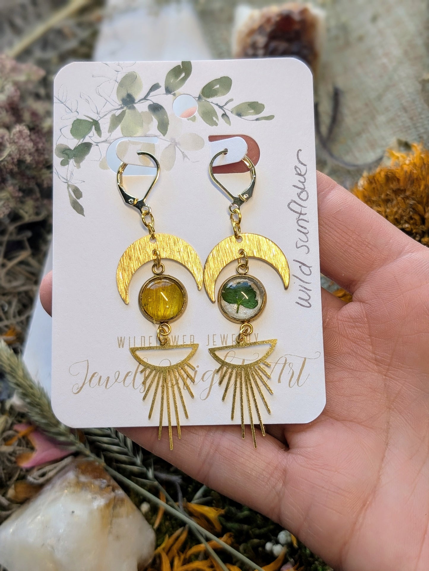 Wild Sunflower Magical Pressed Flower Wildflower Earrings with 14k Gold