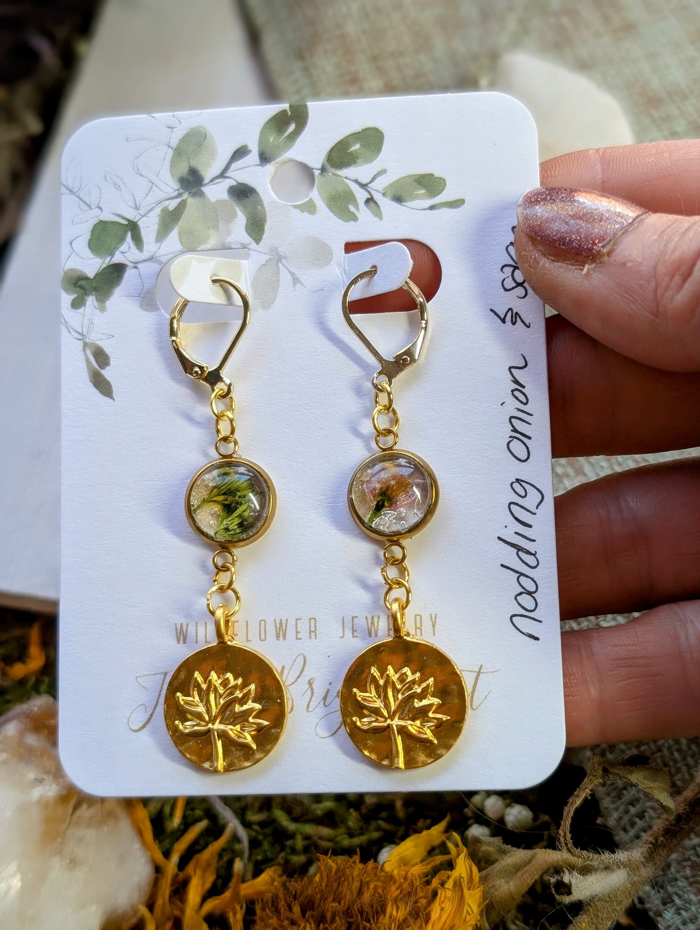 Nodding Onion and Wild Sage Magical Pressed Flower Wildflower Earrings with 14k Gold