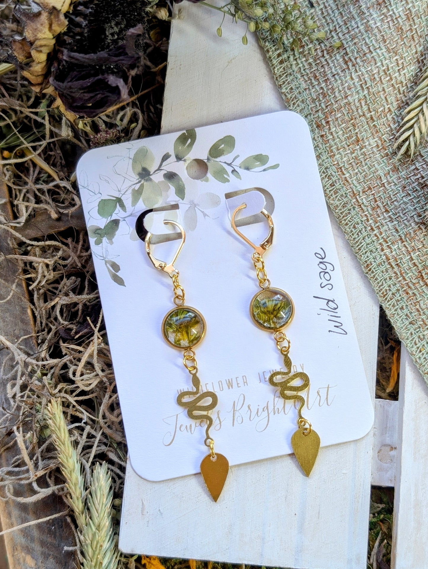 Wild Sage Magical Pressed Flower Wildflower Earrings with 14k Gold