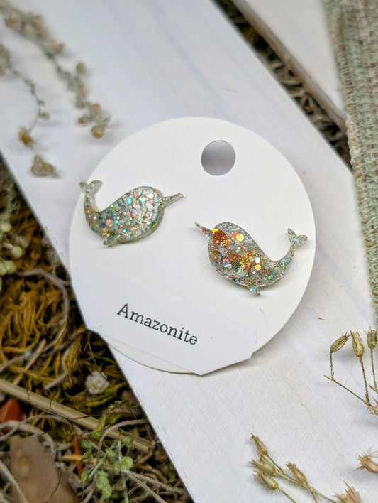 Amazonite Narwhals Crystal Stud Earrings, Real Crystal Studs