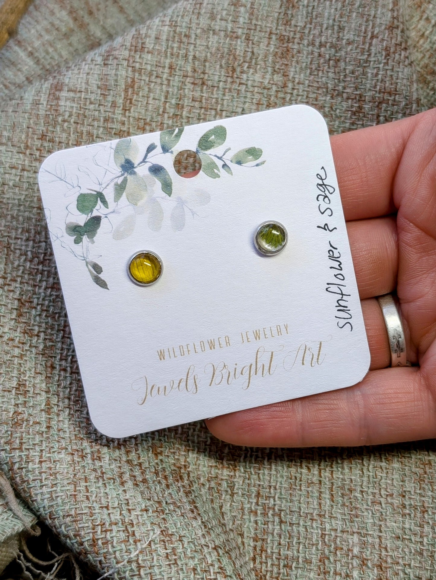 Sunflower and Sage Tiny Nature-Inspired Whimsical Earrings with Dried Floral Accents