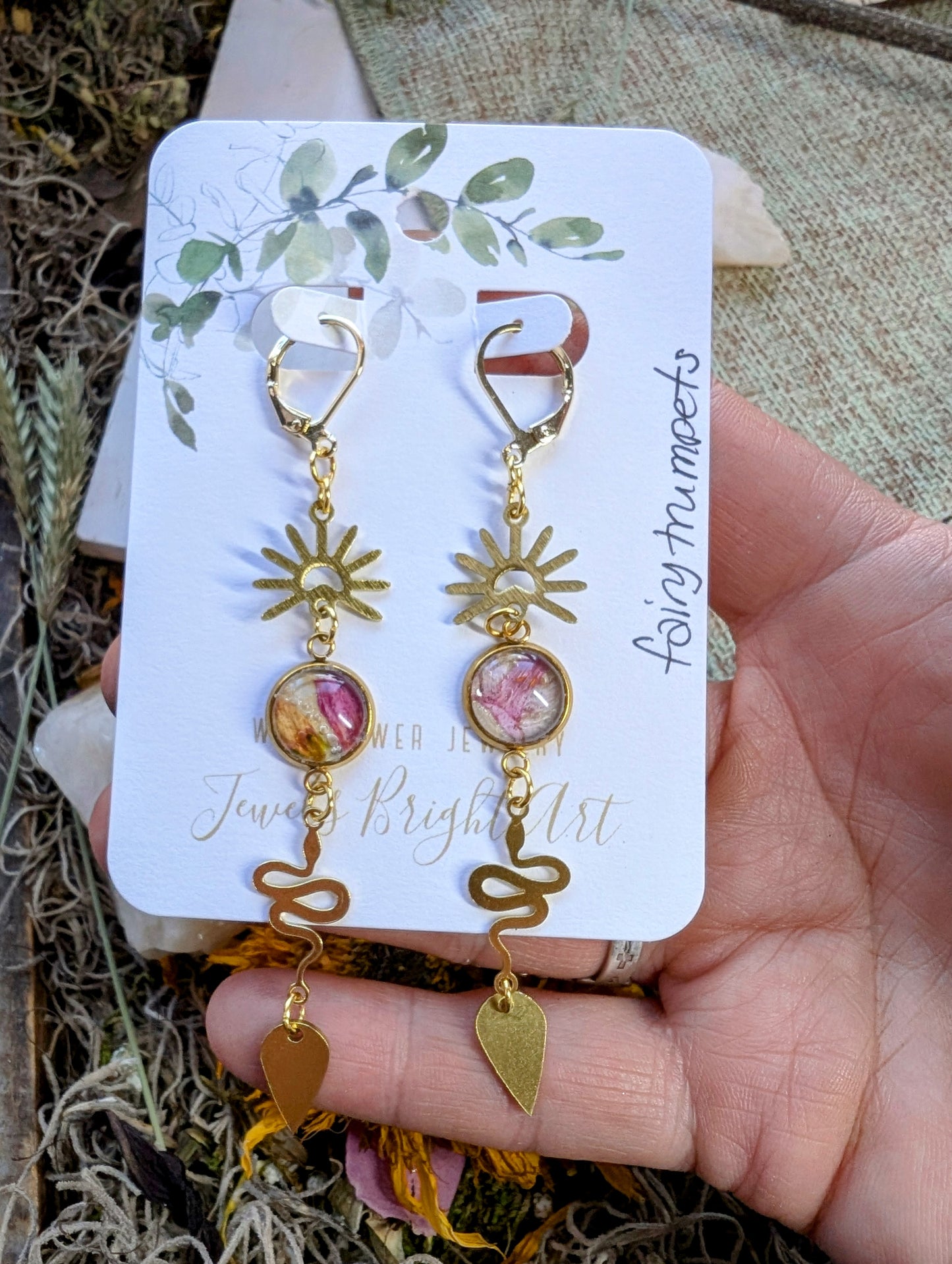 Fairy Trumpets Magical Pressed Flower Wildflower Earrings with 14k Gold