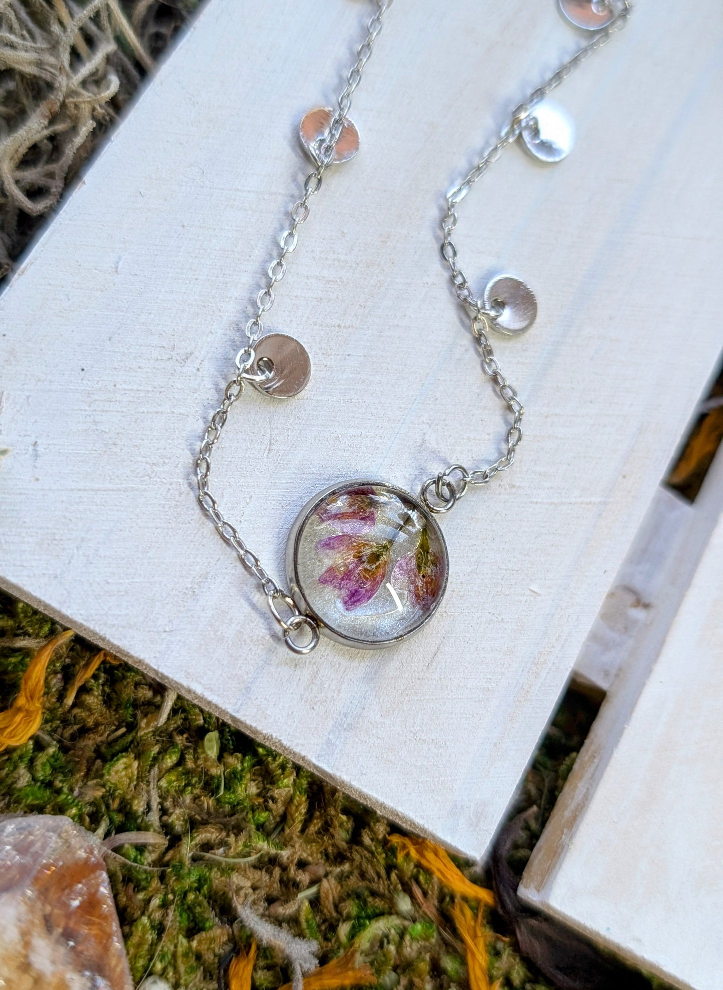 Nodding Onion Sterling Silver Nature-Inspired Whimsical Necklace with Dried Floral Accents