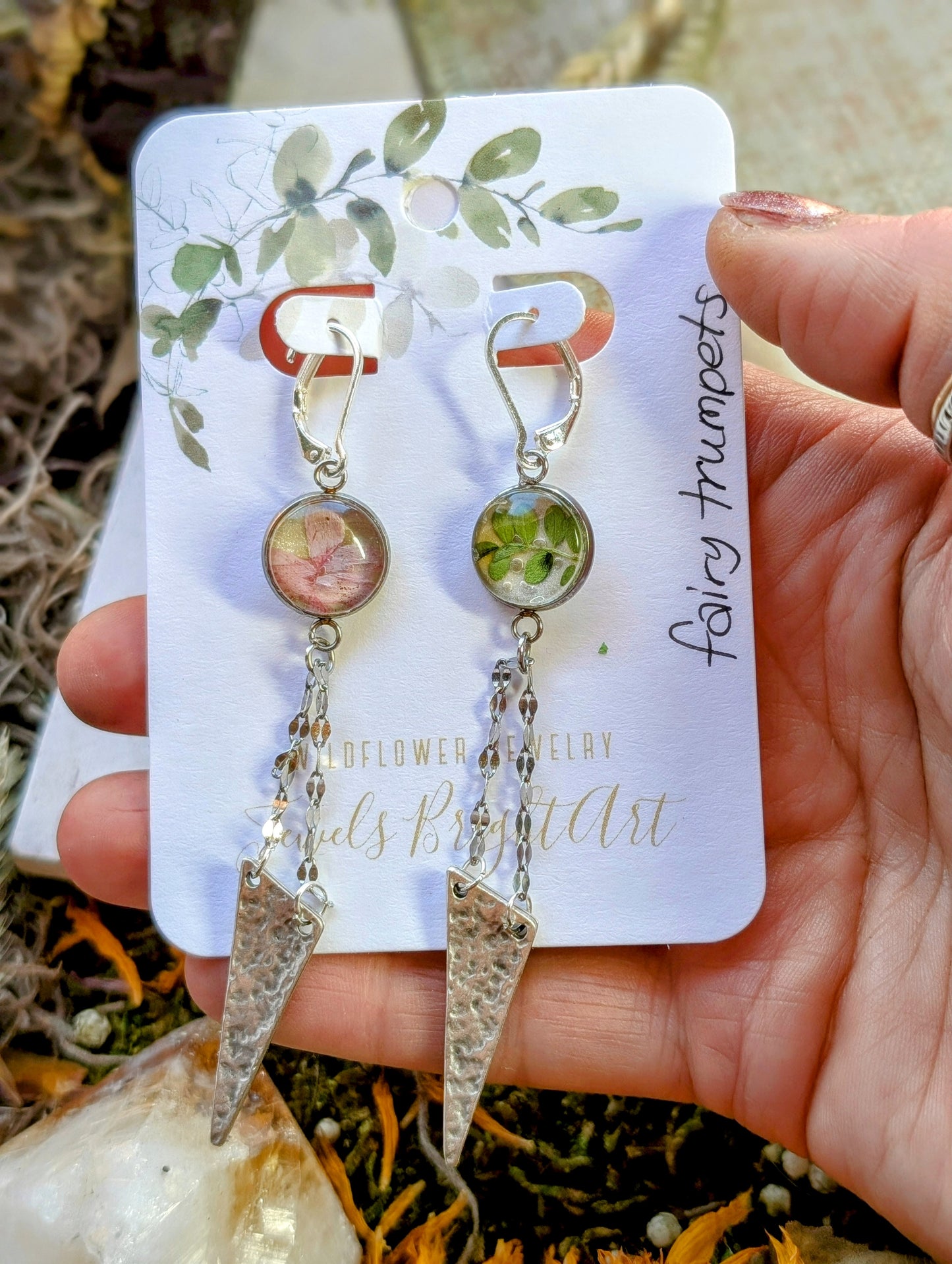 Fairy Trumpet Magical Pressed Flower Wildflower Earrings with Sterling Silver