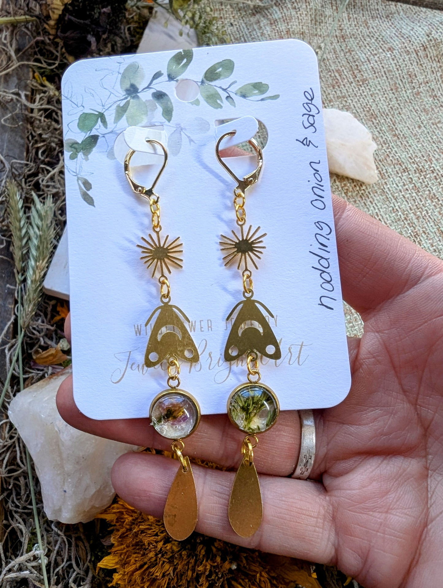 Wild Sage Magical Pressed Flower Wildflower Earrings with 14k Gold