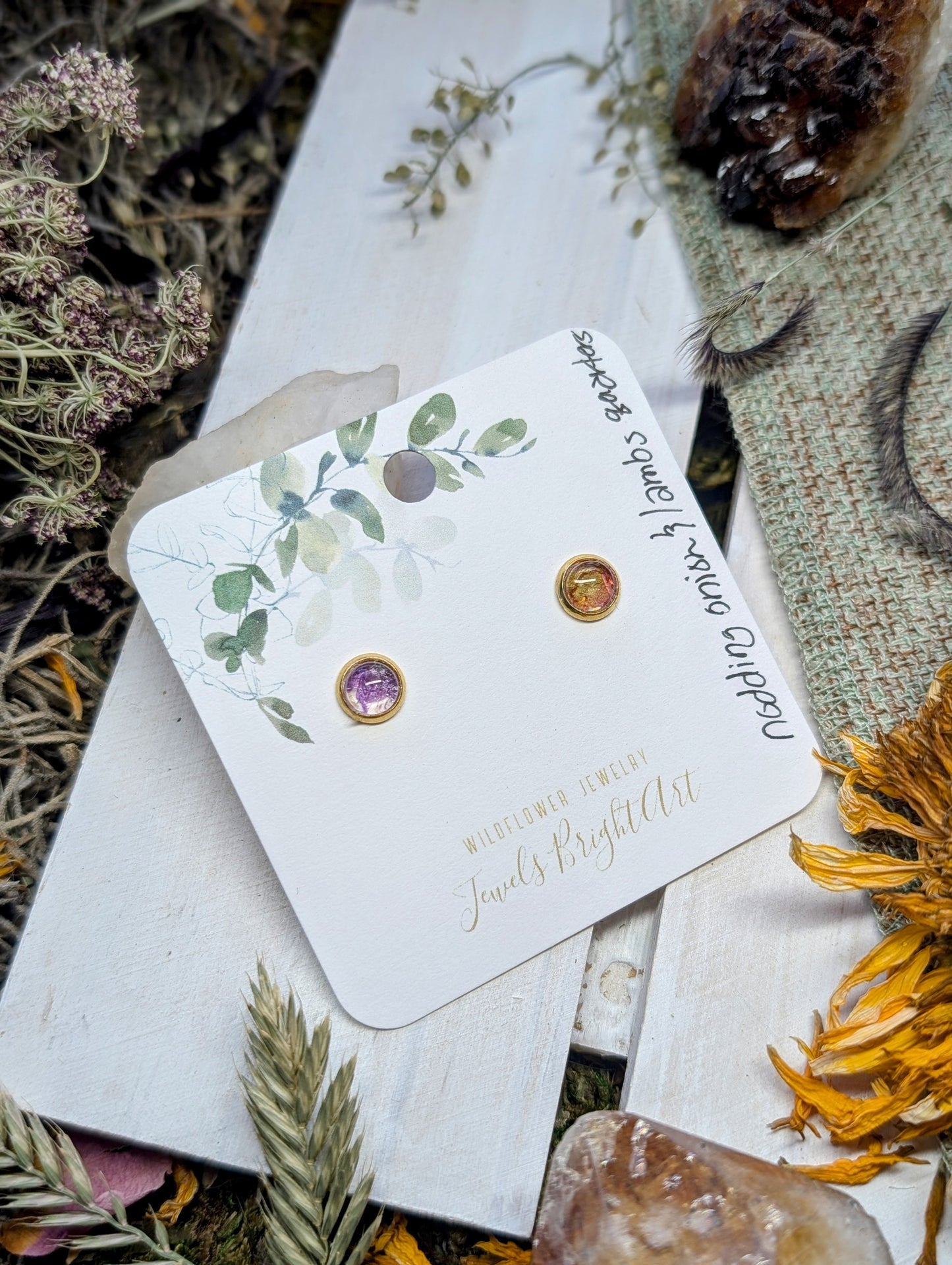 Fairy Trumpet and Lamb's Quarter Tiny Nature-Inspired Whimsical Earrings with Dried Floral Accents